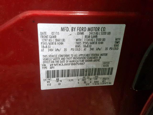 2FMTK3J9XFBB70567 - 2015 FORD EDGE SEL RED photo 10