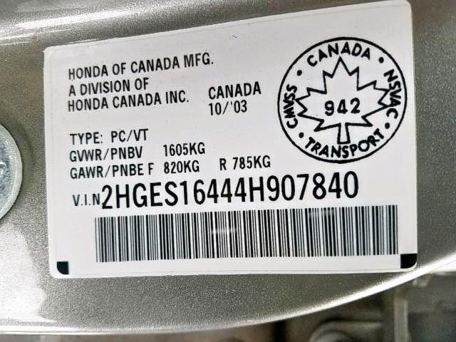 2HGES16444H907840 - 2004 HONDA CIVIC DX BEIGE photo 9