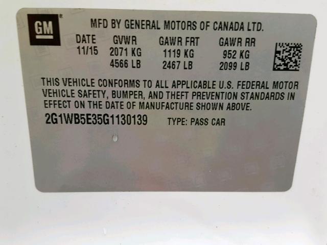 2G1WB5E35G1130139 - 2016 CHEVROLET IMPALA LIM WHITE photo 10