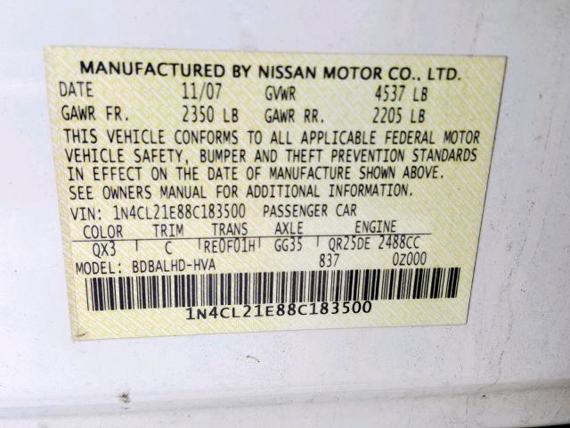 1N4CL21E88C183500 - 2008 NISSAN ALTIMA HYB WHITE photo 10