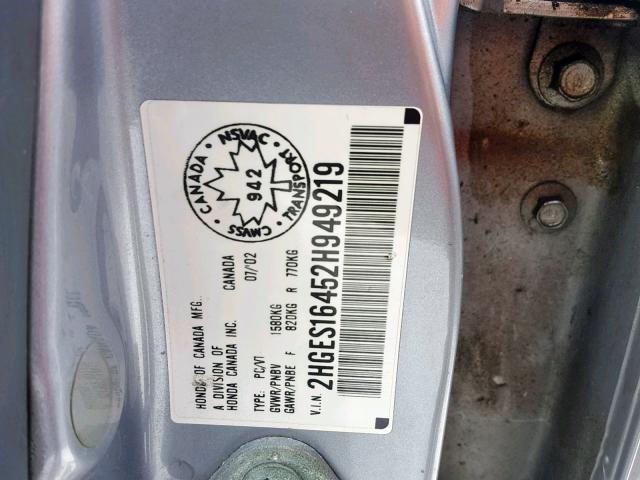 2HGES16452H949219 - 2002 HONDA CIVIC DX SILVER photo 10