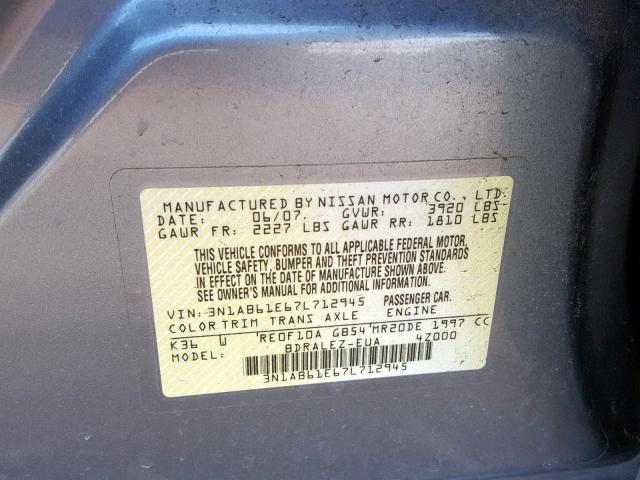 3N1AB61E67L712945 - 2007 NISSAN SENTRA 2.0 GRAY photo 10