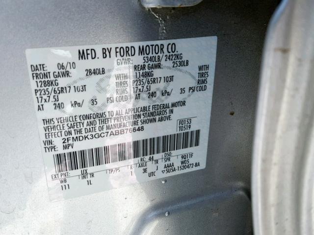 2FMDK3GC7ABB76648 - 2010 FORD EDGE SE SILVER photo 10