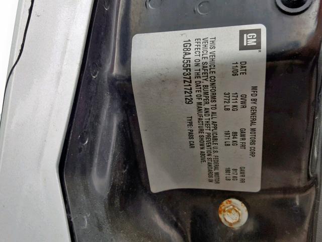 1G8AJ55F37Z172129 - 2007 SATURN ION LEVEL SILVER photo 10