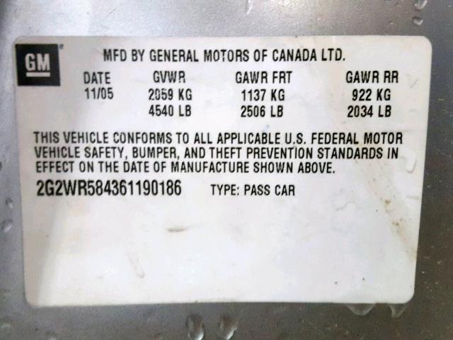 2G2WR584361190186 - 2006 PONTIAC GRAND PRIX SILVER photo 10