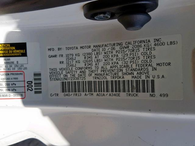 5TENX22N07Z338725 - 2007 TOYOTA TACOMA WHITE photo 10