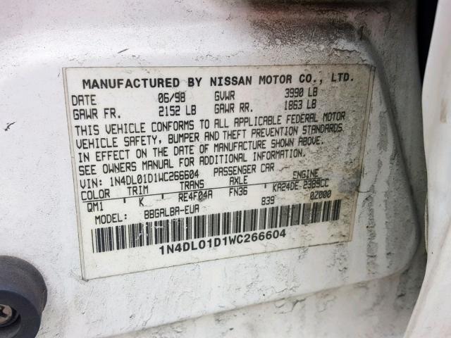 1N4DL01D1WC266604 - 1998 NISSAN ALTIMA XE WHITE photo 10