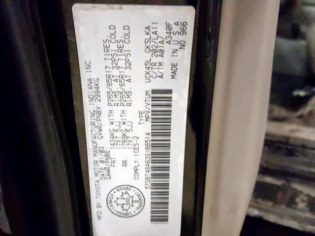 5TDBT48A63S166514 - 2003 TOYOTA SEQUOIA LI BLACK photo 10