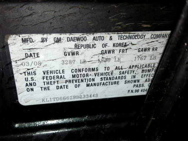 KL1TD66628B233448 - 2008 CHEVROLET AVEO BASE შავი ფოტო 10