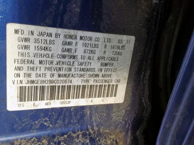 JHMGE8H39BC020874 - 2011 HONDA FIT BLUE photo 10