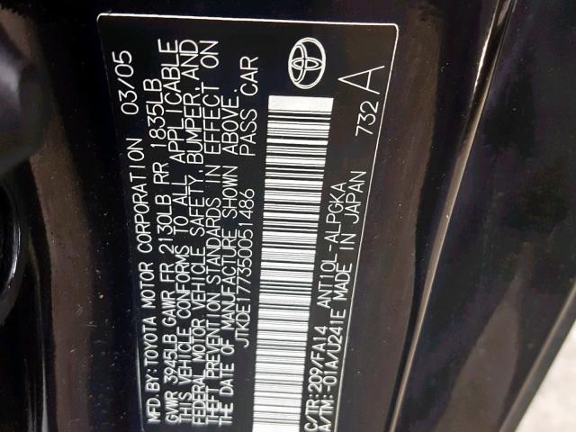 JTKDE177350051486 - 2005 TOYOTA SCION TC შავი ფოტო 10