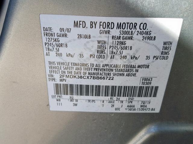 2FMDK38CX7BB66722 - 2007 FORD EDGE SEL SILVER photo 10