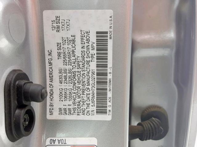 5J6RM4H73GL027961 - 2016 HONDA CR-V EXL SILVER photo 10