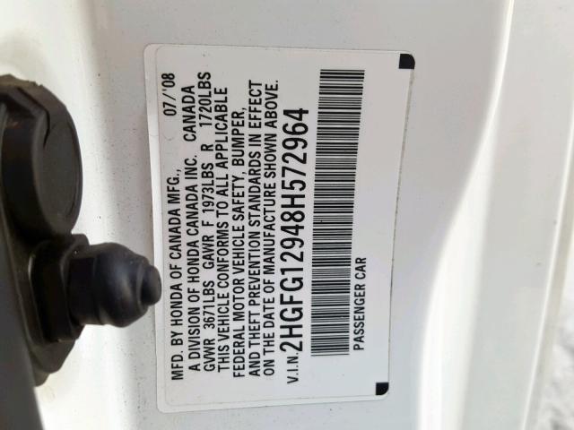 2HGFG12948H572964 - 2008 HONDA CIVIC EXL WHITE photo 10