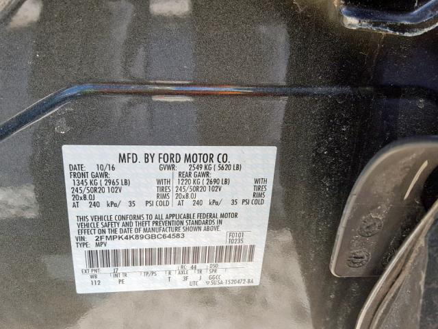 2FMPK4K89GBC64583 - 2016 FORD EDGE TITAN GRAY photo 10