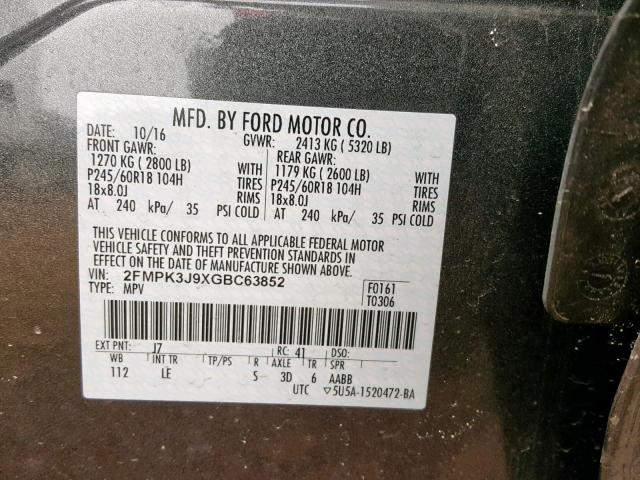 2FMPK3J9XGBC63852 - 2016 FORD EDGE SEL GRAY photo 10