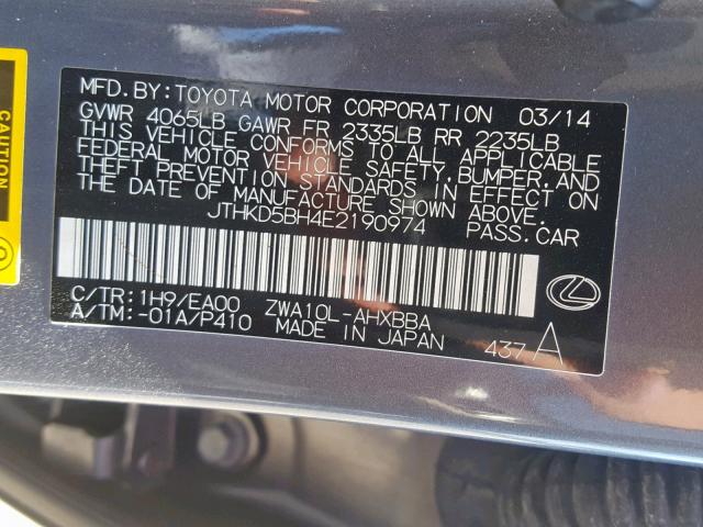 JTHKD5BH4E2190974 - 2014 LEXUS CT 200 SILVER photo 10