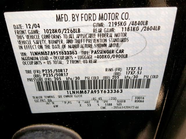 1LNHM87A95Y633363 - 2005 LINCOLN LS BLACK photo 10