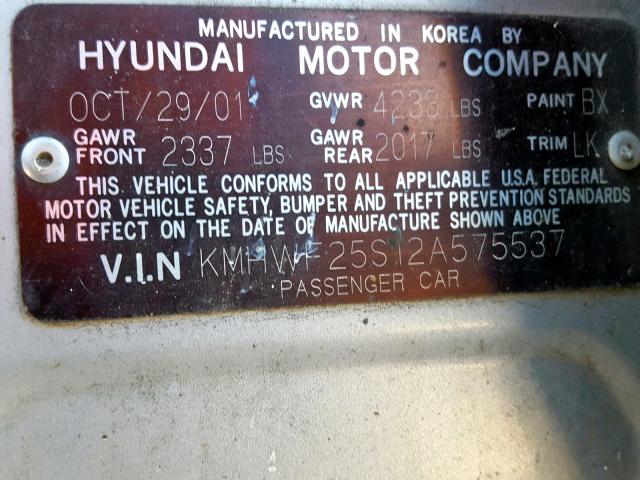 KMHWF25S12A575537 - 2002 HYUNDAI SONATA GL SILVER photo 10