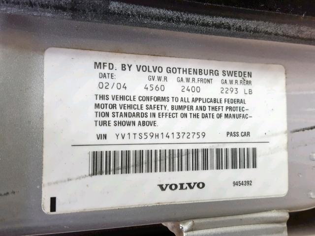 YV1TS59H141372759 - 2004 VOLVO S80 2.5T SILVER photo 10