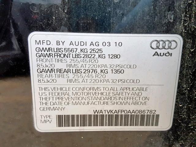 WA1VKAFP0AA086782 - 2010 AUDI Q5 PRESTIG BLACK photo 10