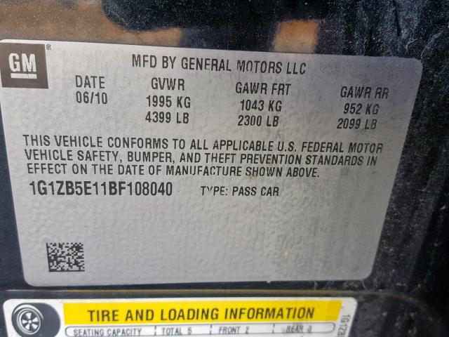 1G1ZB5E11BF108040 - 2011 CHEVROLET MALIBU LS BLACK photo 10