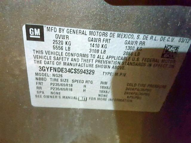 3GYFNDE34CS594329 - 2012 CADILLAC SRX LUXURY GRAY photo 10