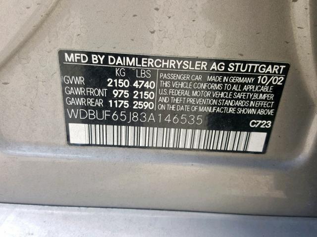 WDBUF65J83A146535 - 2003 MERCEDES-BENZ E 320 CHARCOAL photo 10