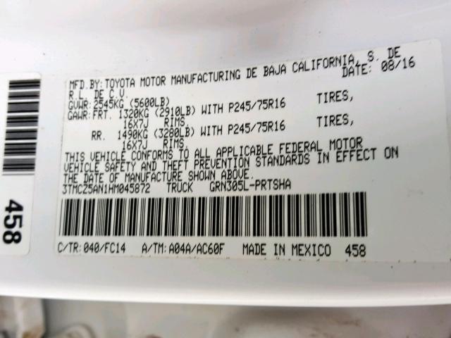 3TMCZ5AN1HM045872 - 2017 TOYOTA TACOMA DOU თეთრი ფოტო 10