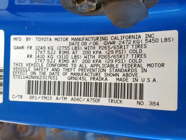 5TELU42NX6Z317651 - 2006 TOYOTA TACOMA DOU ლურჯი ფოტო 10
