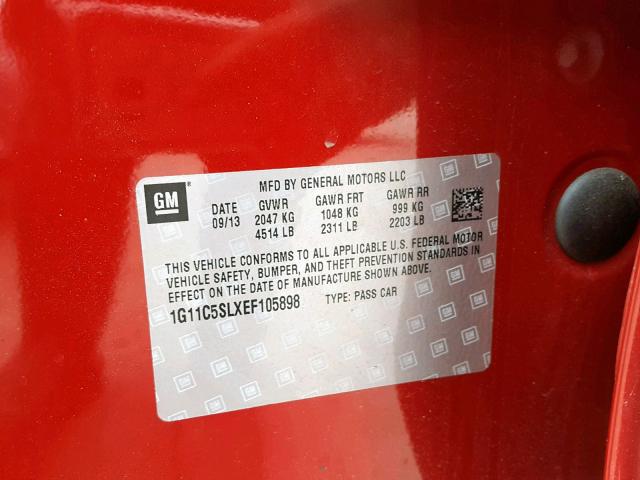 1G11C5SLXEF105898 - 2014 CHEVROLET MALIBU 1LT RED photo 10