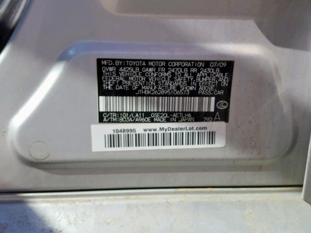 JTHBK262895106573 - 2009 LEXUS IS 250 SILVER photo 10