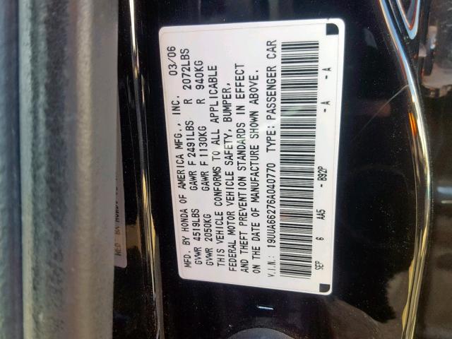 19UUA66276A040770 - 2006 ACURA 3.2TL BLACK photo 10