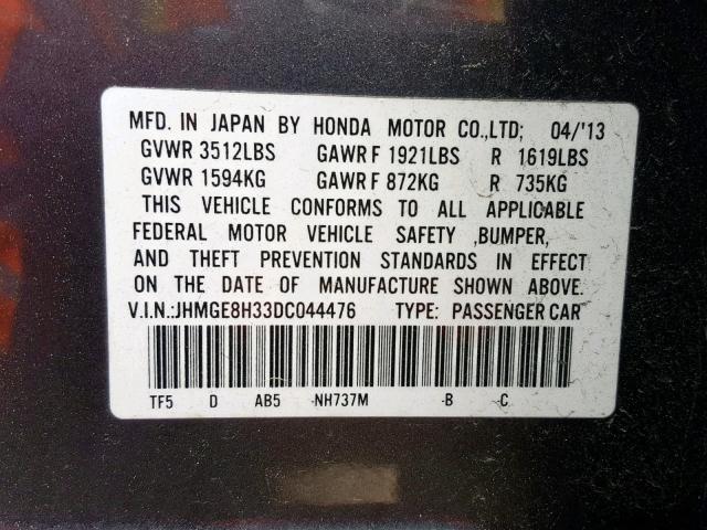 JHMGE8H33DC044476 - 2013 HONDA FIT GRAY photo 10