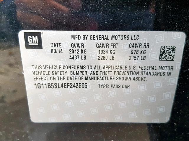 1G11B5SL4EF243696 - 2014 CHEVROLET MALIBU LS შავი ფოტო 10