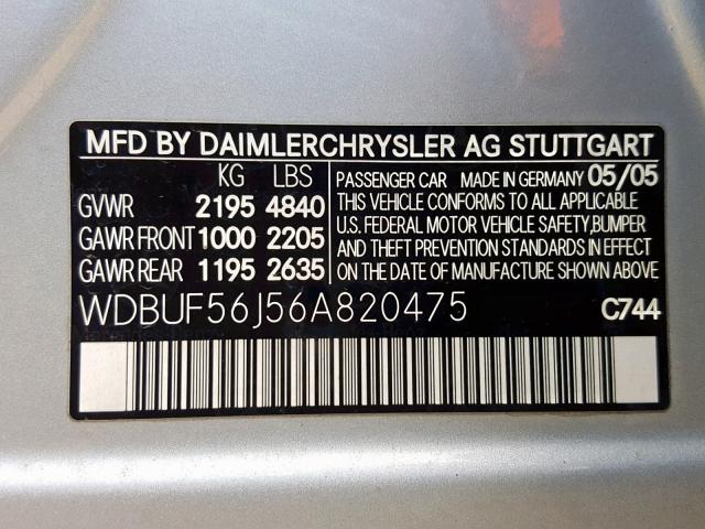 WDBUF56J56A820475 - 2006 MERCEDES-BENZ E 350 GRAY photo 10