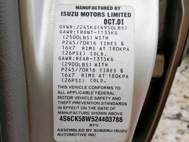 4S6CK58W524403788 - 2002 HONDA PASSPORT E 银色 照片 10