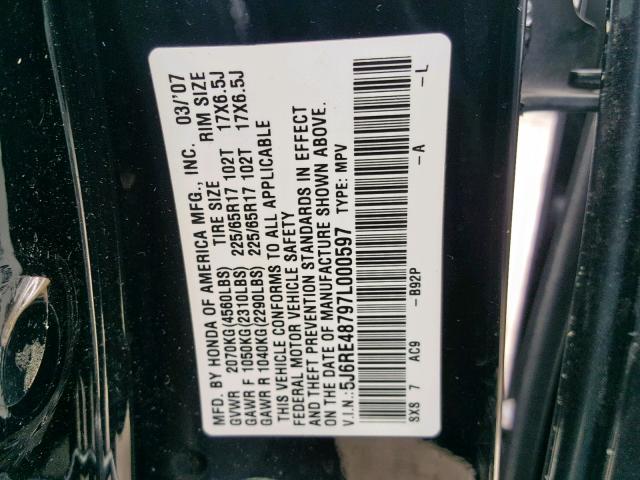 5J6RE48797L000597 - 2007 HONDA CR-V EXL BLACK photo 10