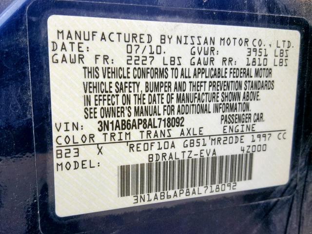 3N1AB6AP8AL718092 - 2010 NISSAN SENTRA 2.0 BLUE photo 10