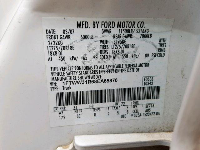 1FTWW31R68EA65876 - 2008 FORD F350 SRW S WHITE photo 10