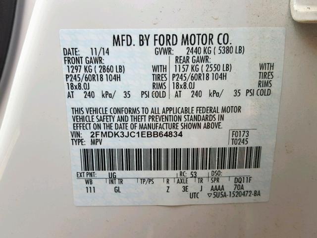 2FMDK3JC1EBB64834 - 2014 FORD EDGE SEL WHITE photo 10