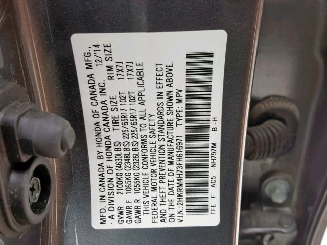 2HKRM4H73FH616971 - 2015 HONDA CR-V EXL GRAY photo 10