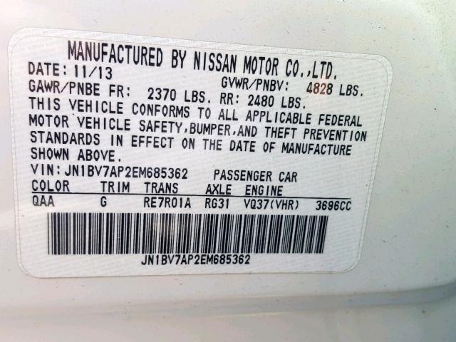 JN1BV7AP2EM685362 - 2014 INFINITI Q50 BASE WHITE photo 10