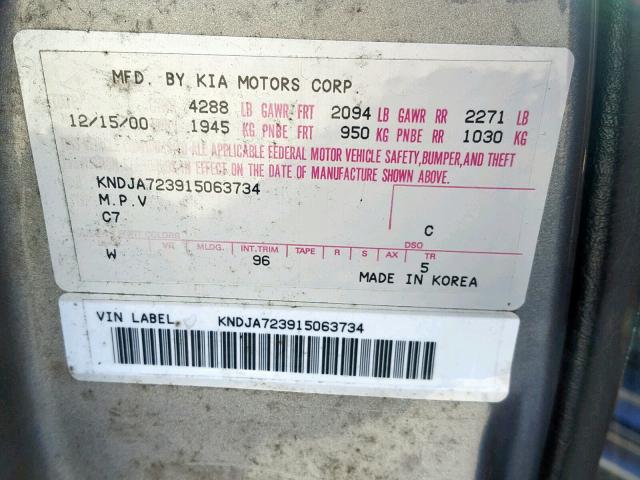 KNDJA723915063734 - 2001 KIA SPORTAGE SILVER photo 10