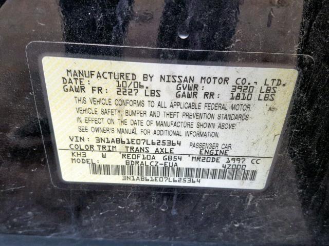 3N1AB61E07L625364 - 2007 NISSAN SENTRA 2.0 BLACK photo 10