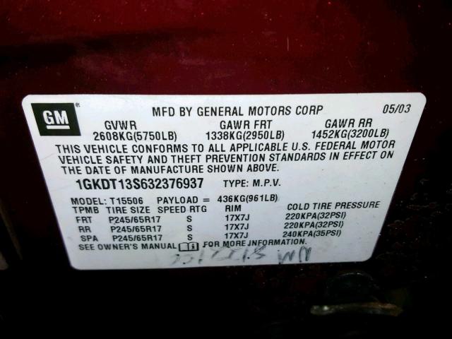 1GKDT13S632376937 - 2003 GMC ENVOY MAROON photo 10