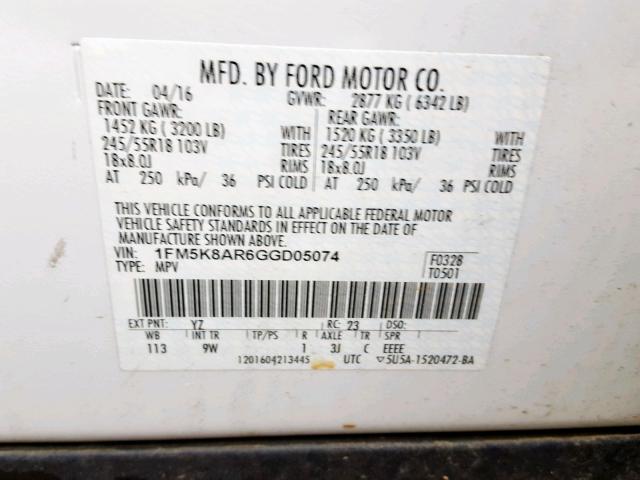 1FM5K8AR6GGD05074 - 2016 FORD EXPLORER P WHITE photo 10