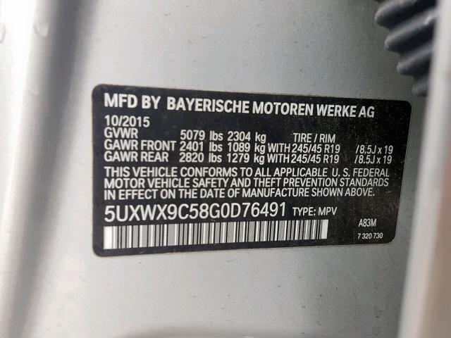 5UXWX9C58G0D76491 - 2016 BMW X3 XDRIVE2 SILVER photo 10