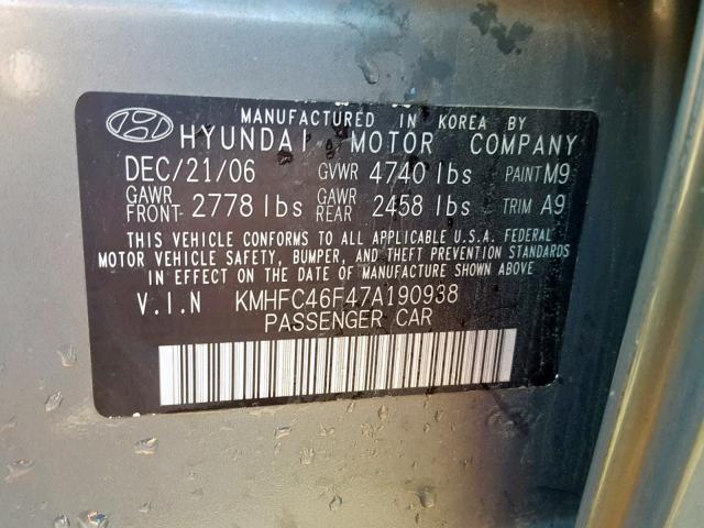 KMHFC46F47A190938 - 2007 HYUNDAI AZERA SE GRAY photo 10