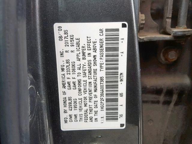 1HGCP2F39AA007385 - 2010 HONDA ACCORD LX GRAY photo 10